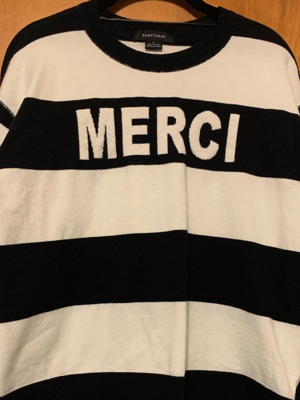 Sanctuary Black & White 'MERCI' Striped Crewneck Sweater